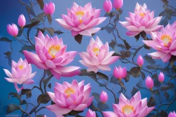 a magical crystal flower lotus magnolia lys bougainvillier, blue gold house russian palace castle in the woods, magnolias pink,blue lake,sun,white swanns,pink vertical, blue lake,sharp, vines, candlelit, endor, ornate, elegant, highly detailed, artstation, concept art, smooth, sharp focus, illustration, 8k, splash art, wallpaper, key visual