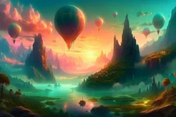 A digital painting of mysterious anomalous orbs in the sky surrounded by floating islands hovering above a fantasy landscape in the style of Michael Whelan, energy surge, serene countryside, lush forests, soaring mountains, impressive detail, sunset, high resolution, 4K, 8K, masterpiece