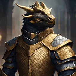 Dragonborn wearing quilted armor in cred with a gold collar and looks quite royal and smashing, masterpiece, best quality, background fancy party