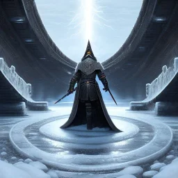 fantasy art, book cover, big mad wizard in front of the ebony stairs of a bridge or dam ,icy water, on the bridge is a wolf, there is also a hawk