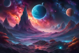Starry galaxy as a breathing canvas, dark moon amidst nebula gases, intermingling galaxies, miniature planets, stelliferous space dust, comets hurtling through the void, multicolor spectrum, inspired by Beeple, Noah Bradley, Cyril Rolando, Ross Tran, reminiscent of trends on ArtStation and CGSociety, evokes the ominous beauty of H.R. Giger and Beksinski's works, offering an intricate artwork masterpiece in the format of a matte painting