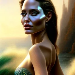 A beautiful portrait of Angelina Jolie as a mermaid , leaning on a ships deck ,Rough sea in the background, (digitall art by Eugene de Blaas and Ross Tran, vibrant color scheme, highly detailed, in the style of romanticism, cinematic, artstation best quality, realistic lighting, masterpiece portrait, details light dusting , cowboy shot from above, simple chain hauberk Vector art digital illustration 3D shading )