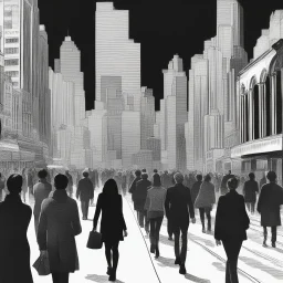 woman in the midle of a peatonal walk in e great city; behind her, unfocaused, other people walking, realism, black and white