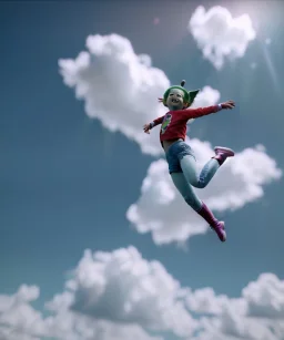 Ultra realistic clouds sky scene, medium shot view, portrait, sweet Childs, free jumping flying, trinkets, monster hair, jelly beans, balls, smile, happy, Peter Pan style, inflatable color clothing, extreme, wind, clouds sea, 20,000 feet altitude, stratosphere, soft color, highly detailed, unreal engine 5, ray tracing, RTX, lumen lighting, ultra detail, volumetric lighting, 3d, finely drawn, high definition, high resolution.