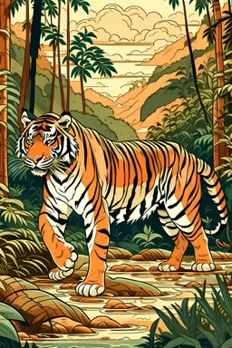 Indian tiger art like this https://www.sundarbanwildlifetourism.com/wp-content/uploads/2022/05/sundarban-tiger-safari-india.png in ukiyo-e art style