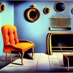 A living room with armchair and fancy stools. Salvador Dali style