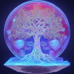 hedjuk,Tree of Life, crystal city crystalline in the sky, renderin, room, cosmic, opalescent, 100mm, opalescent, gemstones, crystals, object, other worldly,water, cristal rock ,bright, ice backg