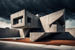 photo from high realistic strange giant asymmetrical concrete house with wide and asymmetrical unique rooftop, deep, dark and complementer colors, metalic, minimalism, random utopistic background, landscape, detailed, sharp focus, cinematic