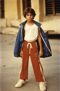 eleven year old mediterranean boy dressed track pants, early 80's color photo