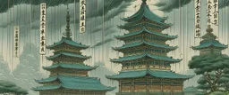 Gray towers with lightning painted by Utagawa Hiroshige