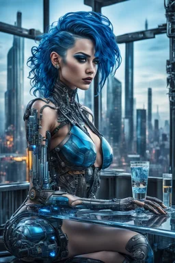 A beautyful tranparent glass body biomechanical woman with black-blue hair, sitting in the cyberpunk rooftop bar in futuristic city, intricate details, HDR, beautifully shot, hyperrealistic, sharp focus, 64 megapixels, perfect composition, high contrast, cinematic