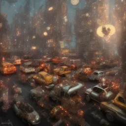 steam punk traffic jam in New york 3D blender full lenght flying mushrooms in the sky