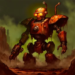 90's fantasy tcg art of rusted post apocalyptic robot warrior in toxic ooze wasteland