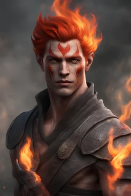 Make a man, fire genasi are feverishly hot as if burning inside, an impression reinforced by flaming red, coal- black, or ash-gray skin tones. The more human-looking have fiery red hair that writhes under extreme emotion, while more exotic specimens sport actual flames dancing on their heads. They have marks all over their body, lines that connect from their feet to their arms.Fire genasi voices might sound like crackling flames, and their eyes flare when angered. Some are accompanied by the fai