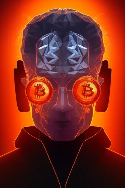 satoshi nakamoto in the bitcoin brain, Fire theme art, Dark moody night atmosphere, , 8K, close-up face, anatomically perfect face