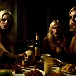 Horror movie shot, spooky, ultra realistic, dine, horns, ultra realistic hot blonde women, party, pieces of meat, organs, ail dynamic, anguish, very excited people, hypermaximalist figures, light, 1970's Italian horror movie, sinister, John Carpenter, Dario Argento, Stanley Kubrik, ornate, 4k, photorealism