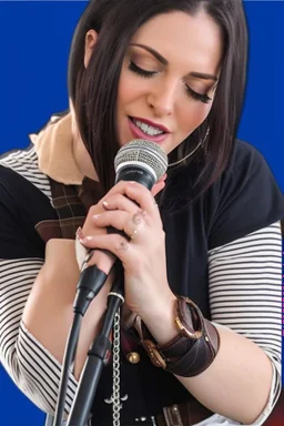 attractive female country music singer leaning forward while holding microphone in one hand, other hand brought up to side of neck, change clothing to plaid in natural tones, leather bracelets on wrists, long hair, mouth open singing, rings on fingers, eyes closed