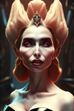 Constance Langdon as evil queen in black leather, leather, busty, cleavage, angry, stern look. character design by cory loftis, fenghua zhong, ryohei hase, ismail inceoglu and ruan jia. unreal engine 5, artistic lighting, highly detailed, photorealistic, fantasy