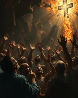 Bosch painting style, nightmare , a lot of sinners people suffering in hell crying for mercy and forgiveness looking up with hands up, dramatic, great quality picture with cinematic scenes