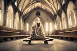 4k full realism, full details, full lights, Jesus fait du skateboard dans une église.