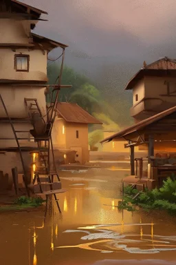 Oil painting is raining that turns anything that falls on it into gold In the In a village