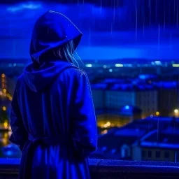 girl in a raincoat, watching the empty city, at midnight, dark blue colours, rainy, atmospheric, photo quality