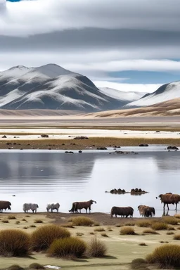 paisaje del sur argentino, con lago, día frio y nevado, incluyendo varios animales autóctonos bien definidos.