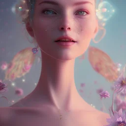 fairy, pink, blue, beautiful, happy smile, gold, jewels, hyperrealism, masterpiece, expert, cinematic lighting, sharp focus, 8K, pastel, macro lens, woman, detailed, flower