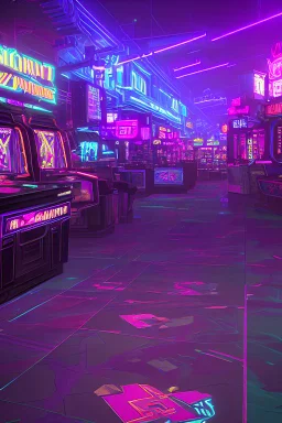 A dark photo of a full panoramic view an 80's aesthetics arcade at night, with a lot of functioning arcade machines, a vaporwave floor and some colorful tiles in between the floor. Purple aesthetics.