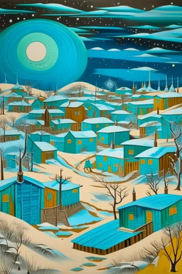 A cyan town in winter weather designed in Navajo baskets painted by Karl Wiener