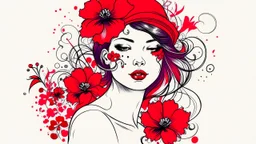 ink design, flower woman, red