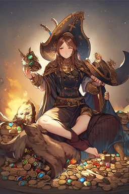 Pirate Queen sitting on a pile of treasure