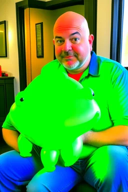 bald man with inflatable green frog