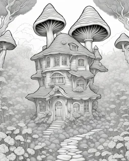 B/W coloring page, super detailed illustration for adult, "Floral Fantasy: Fungal Homes Amidst Blossoms", crisp line, line art, high resolution, smooth, law details, no shading, no fill, white background, clean line,The artwork should be with strong and clean outline.