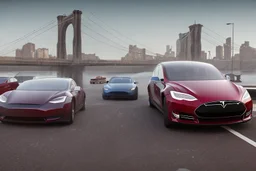 A Tesla 'Model S' is drifting at high speeds, near the 'Pier 11' in Manhattan. (CINEMATIC, WIDE ANGLE LENS, PHOTO REAL)