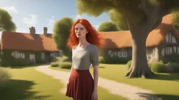 A photorealistic image of a red-haired, slender woman standing in a village green, surrounded by many thatched cottages, next to a large tree. Sunny day.