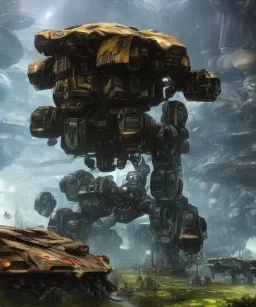 Large mechwarrior inside a futuristic steampunk space ship with plants and animals