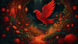 Night Magical slavic garden with lush greenery and a beautiful stone winding path. There is only one creature the Firebird. The feathers of the Firebird are vibrant red, orange, and gold, each one glowing with an otherworldly brilliance.