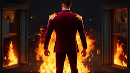 Hyper Realistic Photographic-Silhouette View of a handsome muscular Fire-Superhero wearing long-fancy-Maroon-tuxedo with-golden-flame-patterns on back of his tuxedo, fancy-red-sunglasses with fire-embers-around-him & standing on a vintage-crafted-balcony & open-fancy-burning-windows at dark night showing dramatic & cinematic ambiance.