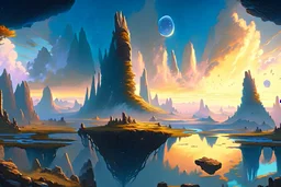 A fantasy painting of mysterious anomalous portals in the sky surrounded by floating islands and hovering rocks above a beautiful landscape in the style of Michael Whelan, energy surge, serene countryside, lush forests, soaring mountains, impressive detail, sunset, high resolution, 4K, 8K, masterpiece