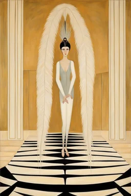 a woman with feathers in an Art Deco foyer by artist "Erté",by artist "Leonora Carrington",by artist "Bridget Bate Tichenor"