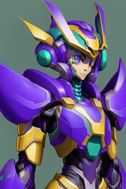 One Genderless Cyborg made of old metal, has a human like face with a really long violet ponytail, the armor is similar to Omega from Megaman. The color palatte of the armour is deep purple and yellow. They have clear visor, and have Turquoise colured eyes.