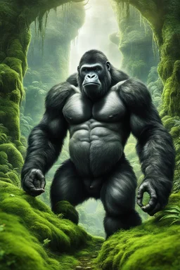 A giant gorilla rising , an old age , he has a sleepy expression ,his body overgrown with moss and vegetation, looking at small human ,as seen from behind the human,lush phantasy setting, fantastical world build, immaculate resolution, immaculate details,8K quality, animals frolic around