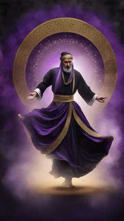 Hyper Realistic Sufi Whirling with Black, & Purple Islamic Sufi Rustic Grungy Background with golden crystals & fog around at night