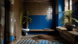 A room featuring the use of tiles, thin pipes, crawl holes, feathery ferns, and the colors blue and brown.