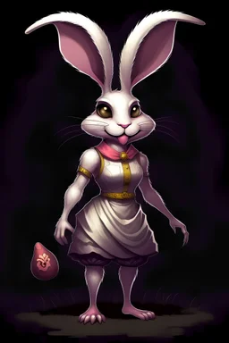 beautiful anthropomorphic rabbit woman with a rabbit nose, rabbit tail, big rabbit ears, rabbit like paws for feet, and a fur covered body