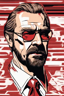 an intimidating and menacing looking Hans Gruber wearing red-tinted glasses