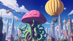 The image is a digital illustration of a futuristic cityscape with a large mushroom-like structure in the center. The mushroom has a pink and purple color scheme and is covered in green tentacles. The tentacles are intertwined and extend from the base of the mushroom, creating a complex and intricate design. The cityscape is made up of tall buildings and skyscrapers, with a mix of modern and traditional architecture. The sky is a deep blue with a few clouds, and there are several hot air balloon