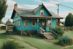 an very small ranch style house that has an unkept yard, art in the style of spirited away
