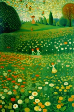 A green floral grassland with fairies designed in German folk art painted by Georges Seurat